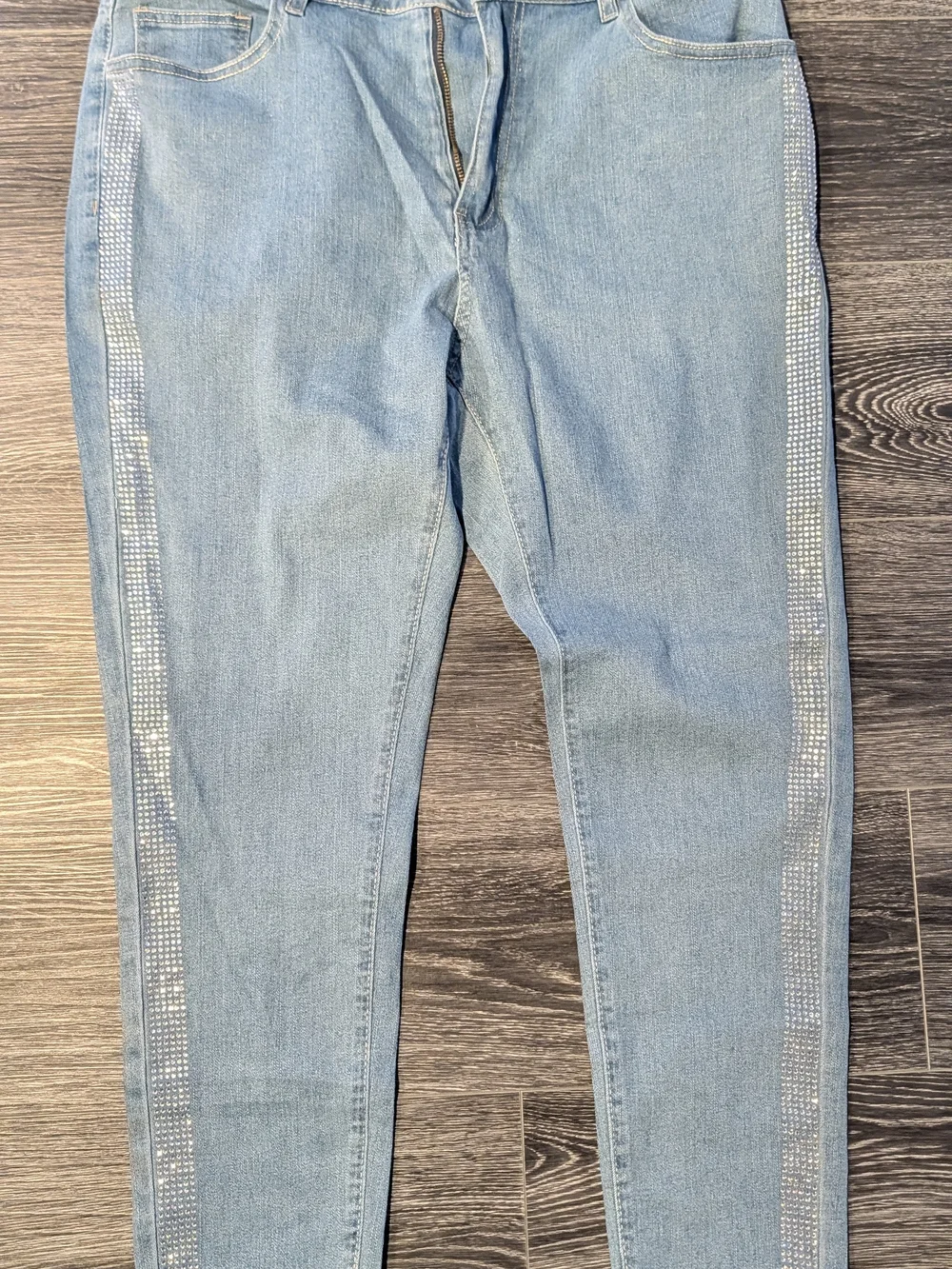 SHEIN Light Blue Skinny Jeans with Rhinestone Side Stripes